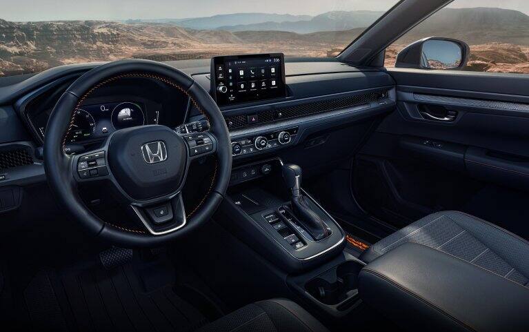 2026 Honda CR-V interior vehicle showing canyon landscape through windows. 2026 Honda CR-V interior vehicle showing canyon landscape through windows.